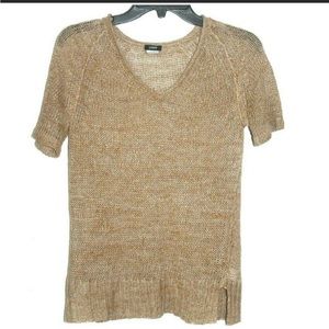 J Crew Linen Open Knit Short Sleeve Sweater Top Tee V Neck XS in Camel Tan